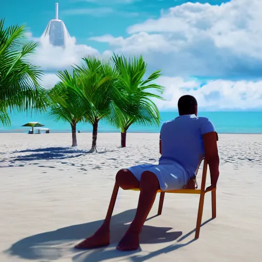 Prompt: an astronaut sitting on a beach chair in a tropical resort, photorealistic, unreal engine, ray traced, environment, nebula, space, nasa