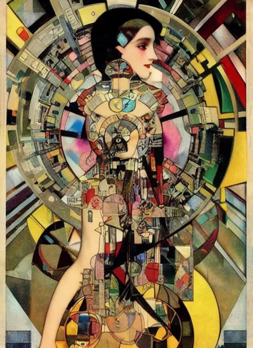 Image similar to cute punk goth fashion fractal tattoed mecha blonde girl wearing a television tube helmet and kimono made of circuits and leds, surreal Dada collage by Man Ray Kurt Schwitters Hannah Höch Alphonse Mucha Beeple