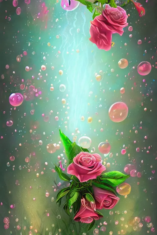 Image similar to beautiful digital matter cinematic painting of whimsical botanical illustration of roses and lilies on bubbles and rain, whimsical scene bygreg rutkowki artstation