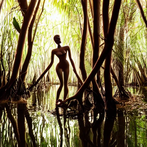 Prompt: a mannequin dancer in a mangrove swamp, cinematic light, beautiful dreamy lighting,