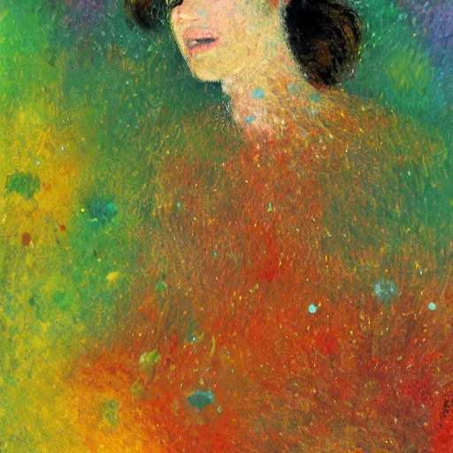 Image similar to a woman disintegrating into small particles of love, behancehd, impressionism