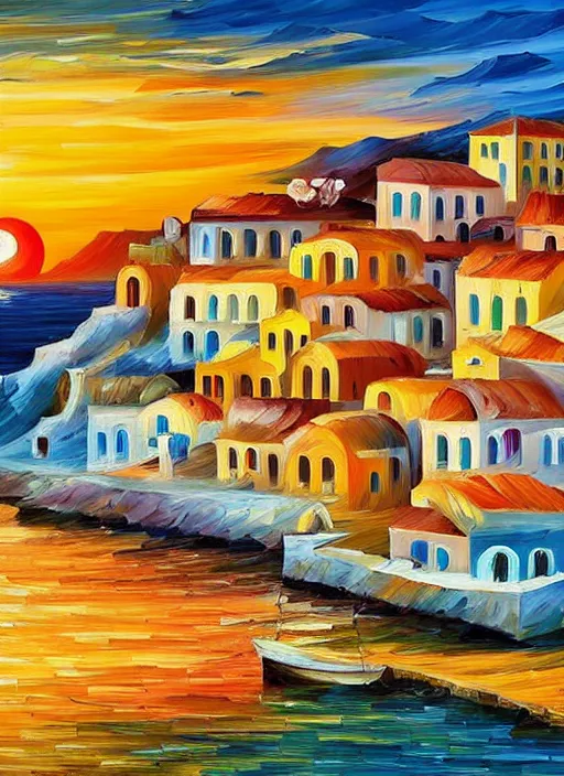 Image similar to beautiful seaside greek village at sunset in the style of leonid afremov