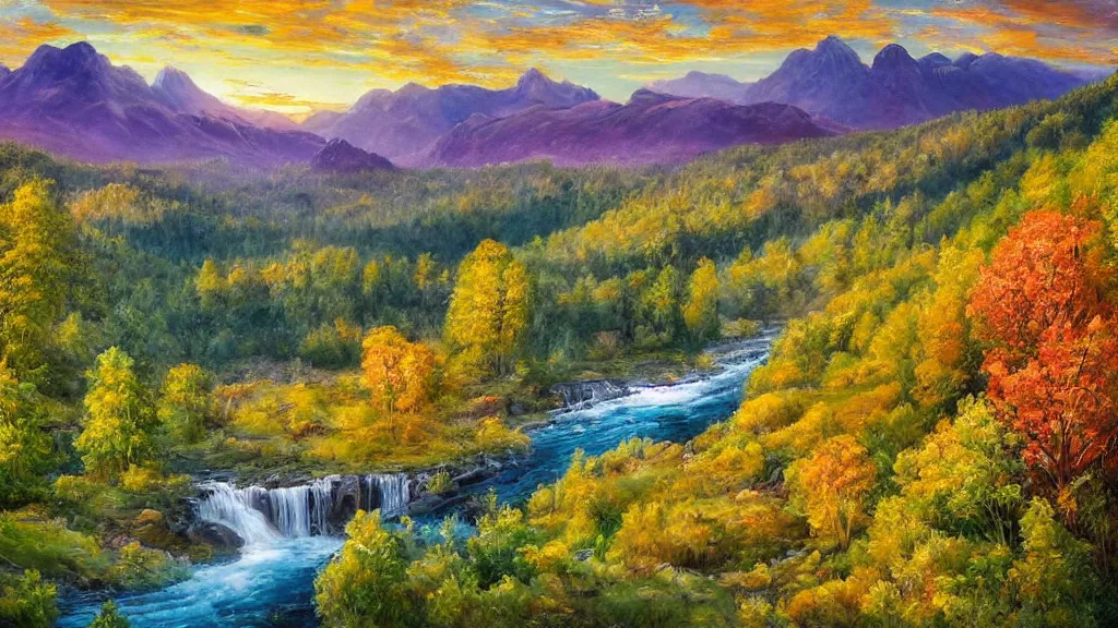 Image similar to The most beautiful panoramic landscape, oil painting, where the mountains are towering over the valley below their peaks shrouded in mist, the sun is just peeking over the horizon producing an awesome flare and the sky is ablaze with warm colors and stratus clouds. A giant dreamy waterfall creates a river, it is winding its way through the valley and the trees are starting to bloom in a great variety of colors, by Greg Rutkowski, aerial view