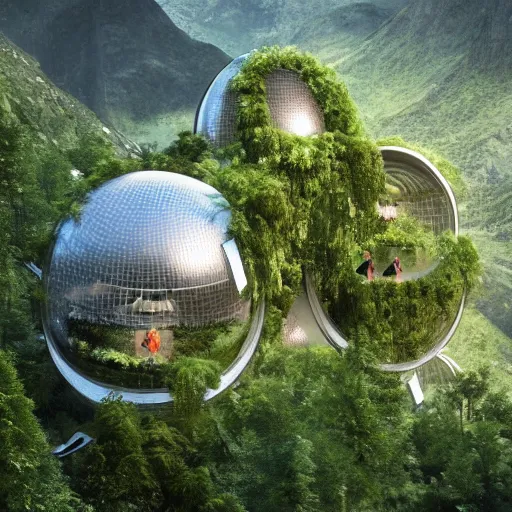 Image similar to vertical farms and white sci - fi dome in a steep sided valley with trees, a sense of hope and optimism, hyper realistic, high res, 4 k, warm light, edouard groult, bynde, kirill leonov