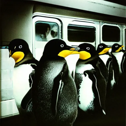 Image similar to penguins riding the subway in new york city in the 1 9 8 0 s, graffiti on the walls, polaroid photograph with flash