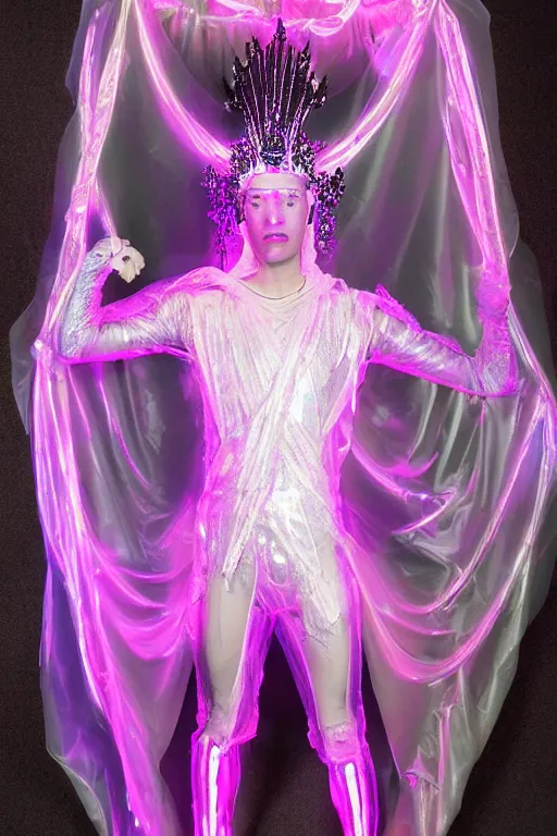 Image similar to full-body rococo and cyberpunk delicate crystalline sculpture of a muscular iridescent slender Spanish male as a humanoid deity wearing a thin see-through plastic hooded cloak sim roupa, reclining con las piernas abiertas, glowing pink face, crown of white lasers, large diamonds, swirling black silk fabric. futuristic elements. oozing glowing liquid, full-length view. space robots. human skulls. throne made of bones, intricate artwork by caravaggio. Trending on artstation, octane render, cinematic lighting from the right, hyper realism, octane render, 8k, depth of field, 3D