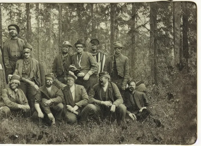 Image similar to tintype photo of a group of men after a successful hunt in the forest, standing over a deceased sasquatch