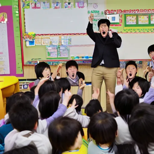 Prompt: professional photograph of yoon suk - yeol screaming at a group of children in a kindergarten classroom, very intricate, very detailed,