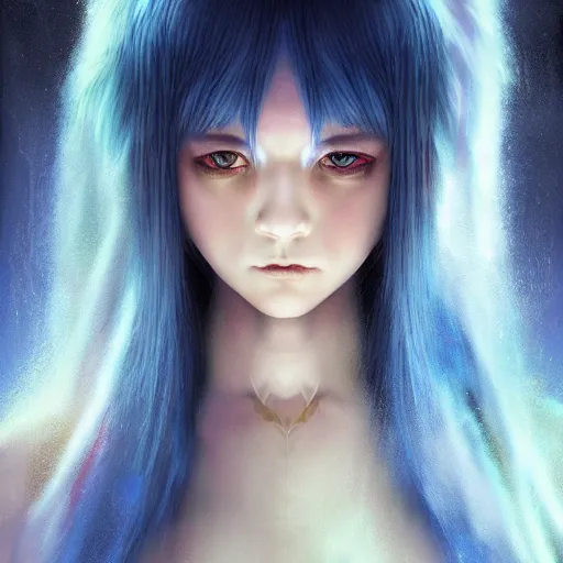 Prompt: rimuru tempest from tensura on the da vinci mayan calendar, with amber eyes of golden colored eyes, straight hair, sky blue hair, long bangs, high collar, concept art, award winning photography, digital painting, cinematic, wlop, 8 k, by ross tran, tom bagshaw, andy warhol