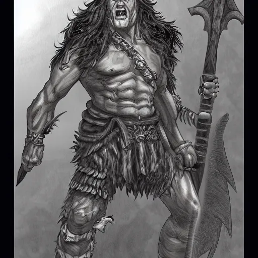 Prompt: Character portrait, face close up: Human Male Barbarian/Druid. Wolf, demon axe, hell. In the style of Ralph Horsley