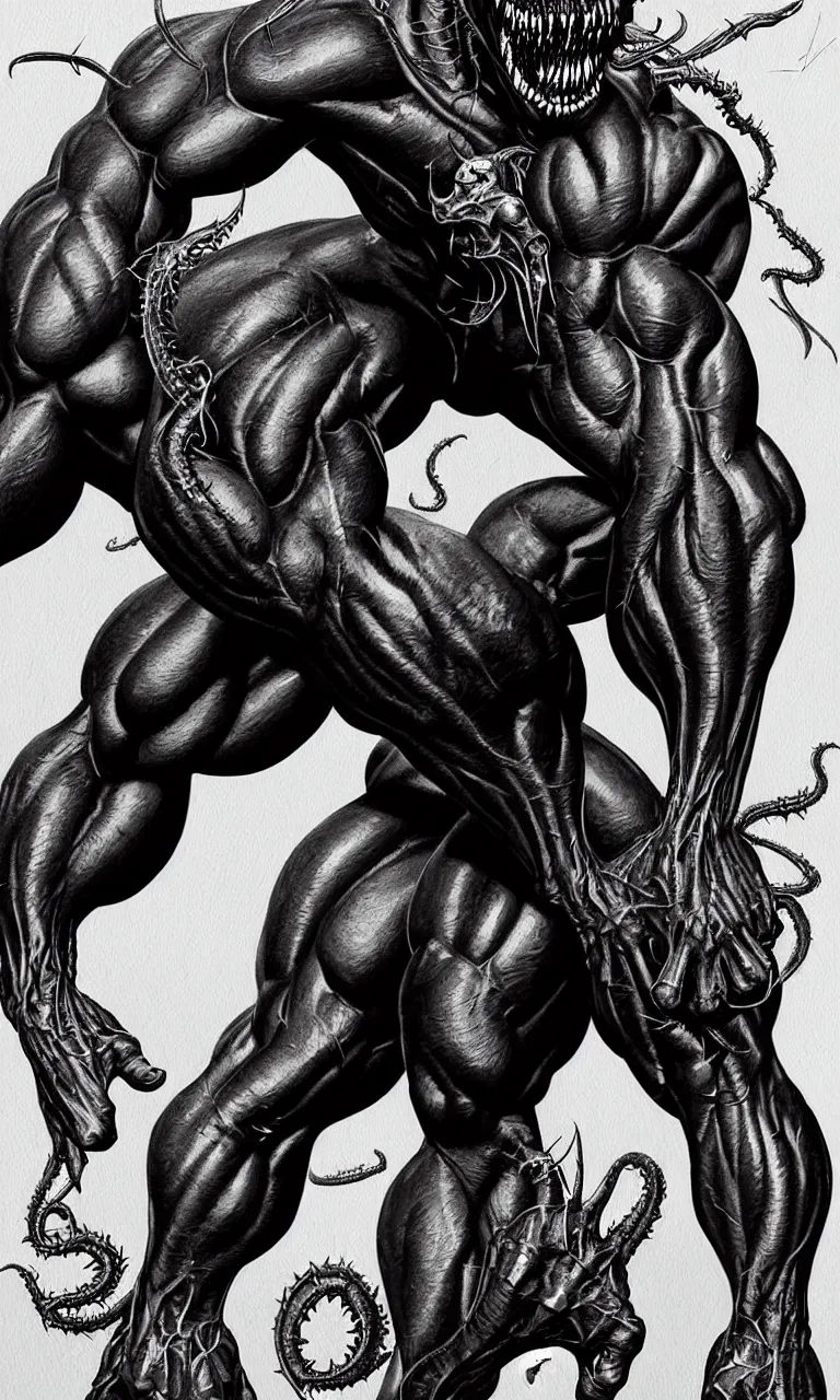 Prompt: legs and feets study of hyper realist full body long shot portrait of bodybuilder venom from marvel comics!!!!, large mouth with teeth, large tongue, lovecraftian horror!!, fantasy, intricate, elegant, highly detailed, digital painting, artstation, concept art, matte, sharp focus, illustration, art by glenn fabry and giger