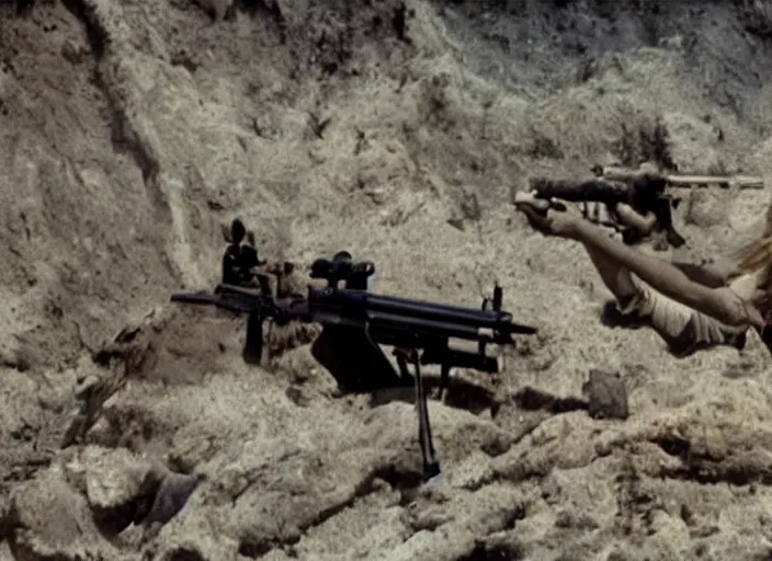 Image similar to a film still of kim kardashian as a soldier firing a rifle over a dirty trench with her bust lightly exposed. backround : warfield