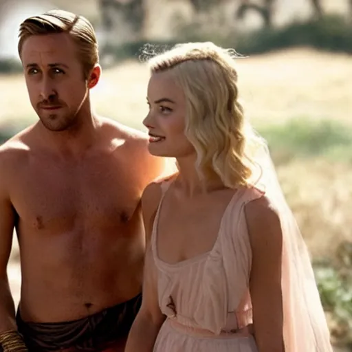 Image similar to still of ryan gosling and margot robbie, in pomepei ( 4 0 bc )