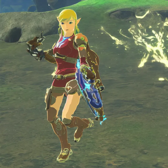 Prompt: Samus in The Legend of Zelda Breath of the Wild, detailed screenshot