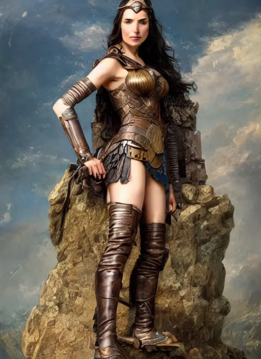 Image similar to highly detailed steampunk gal gadot posing while standing on a rock : leonardo da vinci, greg rutkowski, magali villeneuve