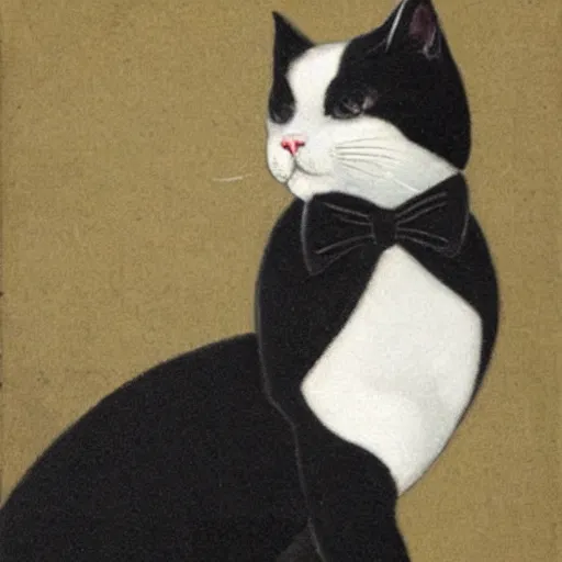 Image similar to A Baroque painting of a stylish tuxedo cat