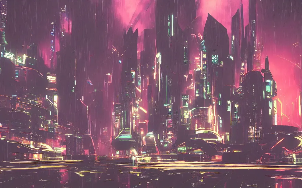 Prompt: futuristic city at night with rain, in the style of syd mead,