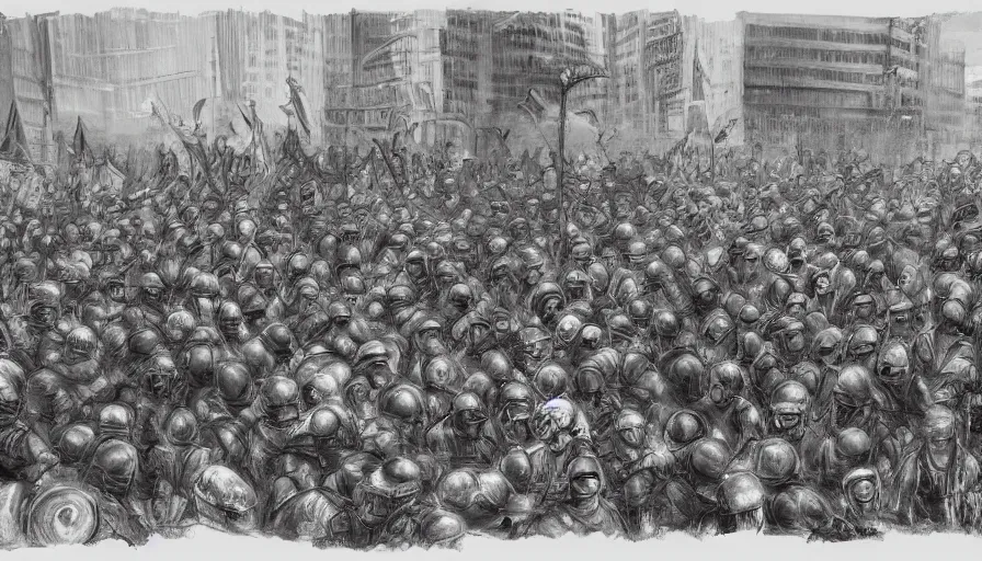 Image similar to few police lined up, standing against the crowd of protesters with blank posters, сlear sky, concept art, intricate details, highly professionally detailed,, highly detailed -