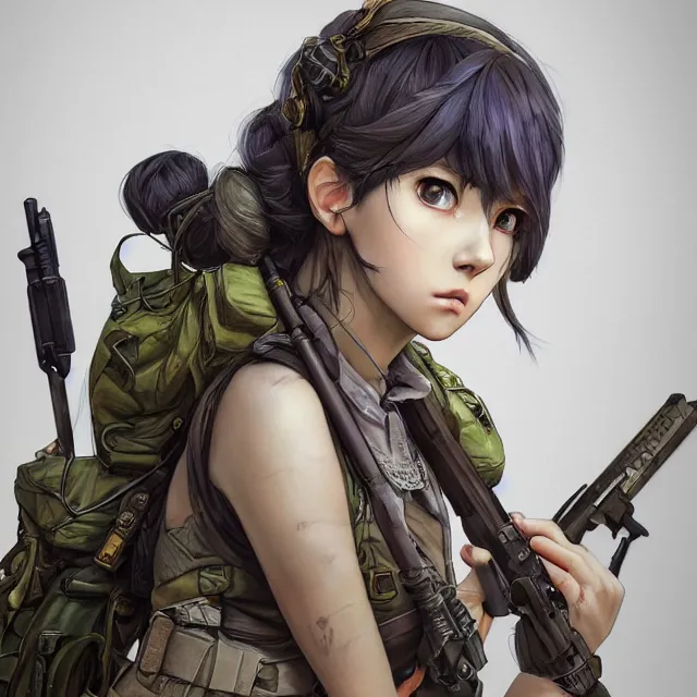 Image similar to the portrait of lawful neutral semi - colorful female infantry sniper as absurdly beautiful, gorgeous, elegant, young anime girl, an ultrafine hyperdetailed illustration by kim jung gi, irakli nadar, intricate linework, bright colors, octopath traveler, final fantasy, unreal engine 5 highly rendered, global illumination, radiant light, detailed and intricate environment