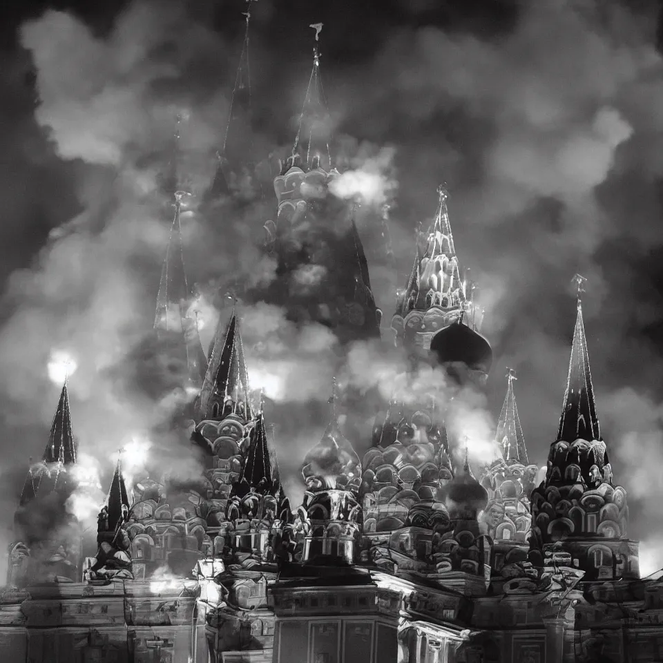 Image similar to Moscow Kremlin is on fire, dark atmosphere, lots of fire, clubs of smoke. Photography.