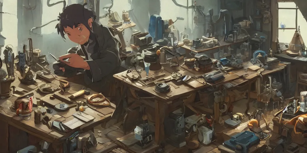 Prompt: A strong mechanic tinkers over gadgets on a table inside his workshop, in the style of Arcane, Greg Rutkowski and Studio Ghibli