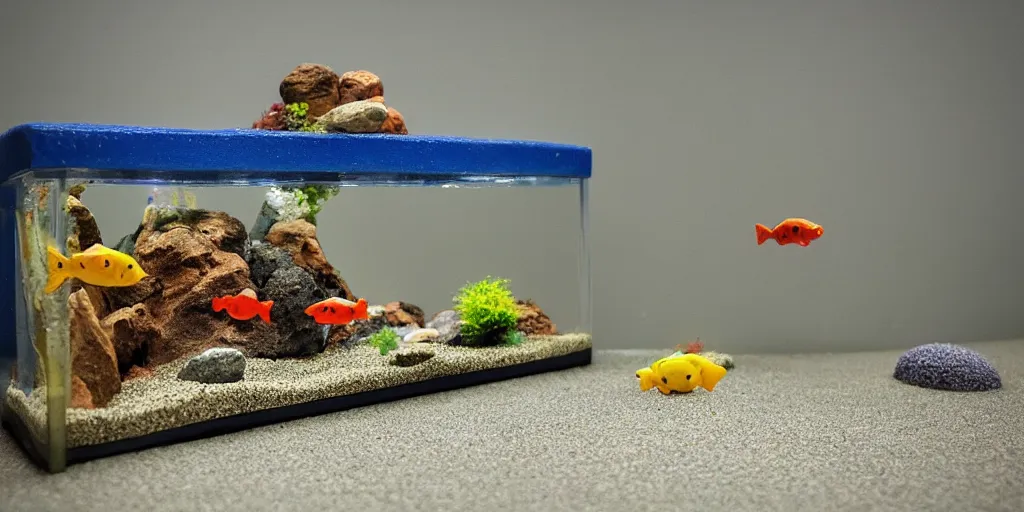 Prompt: fish tank in hospital waiting room. plasticine sculpture. gravel. fighter fish. john craxton. sand. stop motion. minimal.