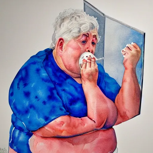 Prompt: a very funny realistic style watercolor painting of a sweet fat old woman kissing her reflection. symmetrical face, red mouth, blue eyes. a flowered dress. a hyper - realistic scene. 3 d, octane processing, deep focus, white scene. a very funny and sweet picture. unreal engine. watercolor. fellini cinematic style. poster quality. freud painting style