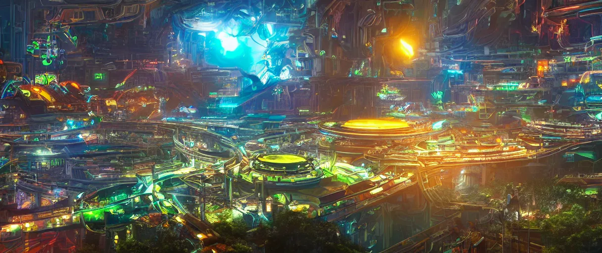Image similar to a wide shot of a hi-tech sci-fi solarpunk city, with a lot of bright color lights, bridges, pipes, plants, on a planet orbiting a gas giant, beautiful, volumetric light, photography, color, intricate, extremely detailed, photorealistic, digital art, trending on artstation