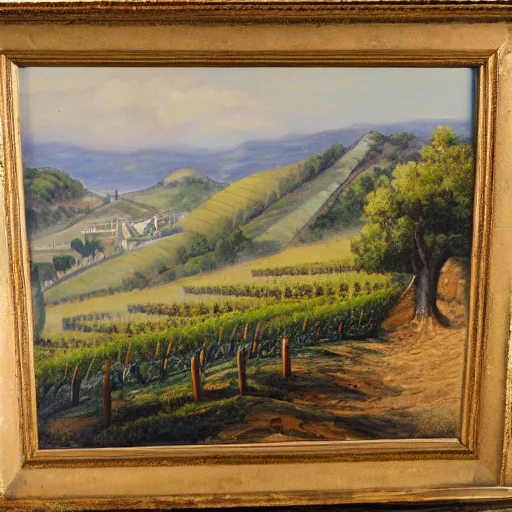 Image similar to highly detailed painting of a cliff side, at the bottom is a vineyard, in the distance you can see an ancient army with flags on the move, thick brush strokes, visible paint layers.