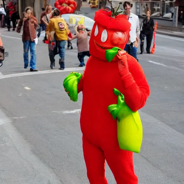 Prompt: jim carrey in a tomato costume