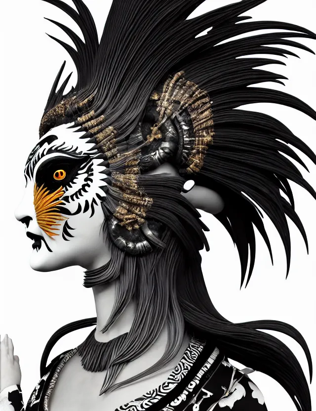 Image similar to 3 d goddess close - up profile simple portrait punk with mohawk with ram skull. beautiful intricately detailed japanese crow kitsune mask and clasical japanese kimono. betta fish, jellyfish phoenix, bio luminescent, plasma, ice, water, wind, creature, artwork by tooth wu and wlop and beeple and greg rutkowski