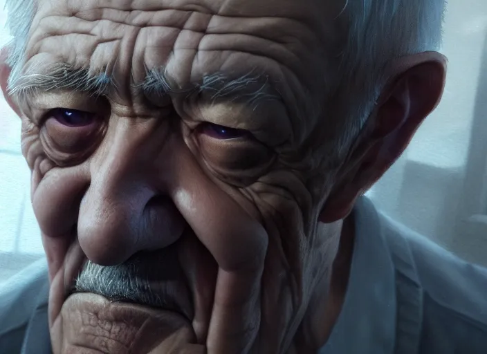 Prompt: a film still portrait of a depressed old caucasian man, finely detailed features, closeup of face, cinematic lighting, perfect art, night cyberpunk city, intricate, anime, gapmoe grimdark, artstation, trending on pixiv fanbox, painted by greg rutkowski makoto shinkai takashi takeuchi studio ghibli, akihiko yoshida, 4 k