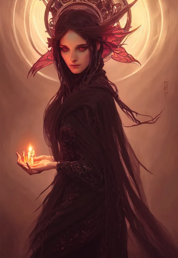 Image similar to Necromancer Sorceress in center, fantasy magic, undercut hairstyle, dark light night, intricate, elegant, sharp focus, illustration, highly detailed, digital painting, concept art, matte, art by WLOP and Artgerm and Greg Rutkowski and Alphonse Mucha, masterpiece