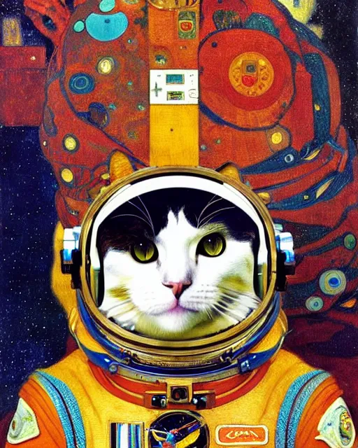 Image similar to cosmonaut cat portrait an oil painting splashes with many colors and shapes by gustav klimt greg rutkowski and alphonse mucha, polycount, generative art, psychedelic, fractalism, glitch art