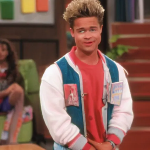 Prompt: brad pitt on the tv show saved by the bell, tv still, 8 k