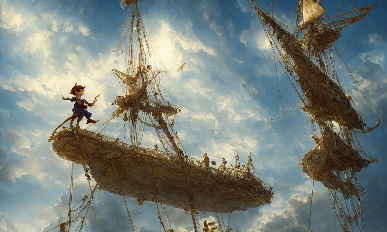 Image similar to a beautiful digital painting of peter pan, a white caravel flying in the clouds, birds in the sunlight, numerous golden ropes and intricated sails, blue sky at sunset, elegant, highly detailed, artstation, concept art, matte, sharp focus, art by tom bagshaw, kelogsloops and greg rutkowski