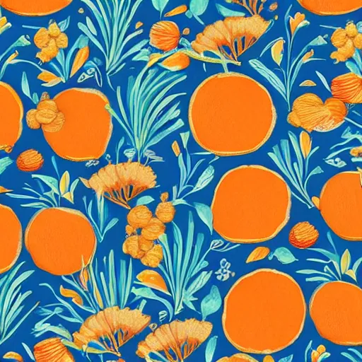 Image similar to orange and blue, botanical, illustration, gin, pattern, playful, premium, pintrest, behance