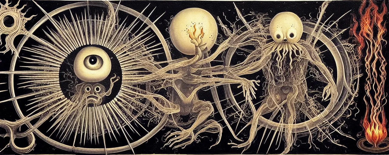 Image similar to a strange fire creature with endearing eyes radiates a unique canto'as above so below'while being ignited by the spirit of haeckel and robert fludd, breakthrough is iminent, glory be to the magic within, in honor of saturn, painted by ronny khalil