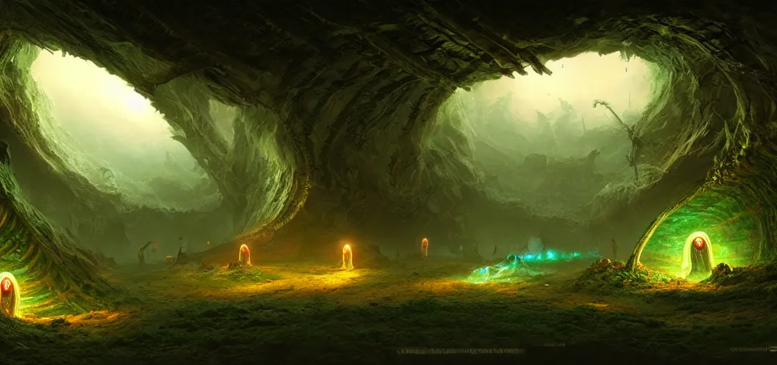 Image similar to video game concept art matte painting glow worm caves in the style of stefan kostic, realistic, sharp focus, 8 k high definition, insanely detailed, intricate, mysterious, art by stanley lau and artgerm and luis royo