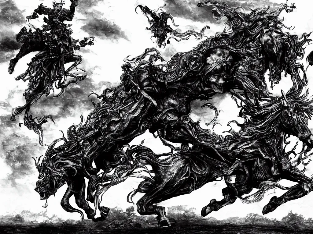 Image similar to black and white detailled illustration of death riding a pale horse over a wasteland in the style of yoshitaka amano / cinematic composition