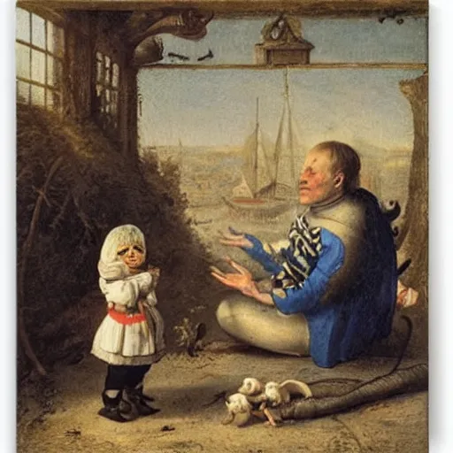 Image similar to alien kid see a human kid for the first time, maury, fink, aiken. by adriaen van ostade.