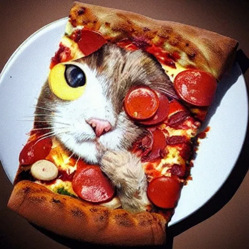 Image similar to “concept art, artstation, 8k, hyper realism, beautiful, cat eating pizza”