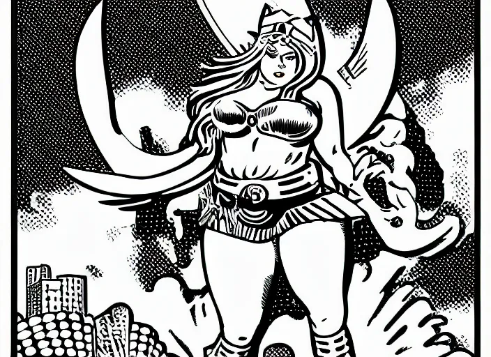 Prompt: a fat valkyrie. roy lichtenstein style. halftone dots. full color. comic book look