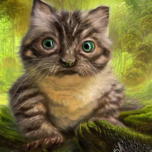 Prompt: rescue from the underworld, shadows of the past, chubby moss kitten, by jeff easley and Dylan Kowalski, highly detailed, digital painting, HDRI, by vivid colors, high contrast, 8k resolution, intricate, photorealistic, smooth