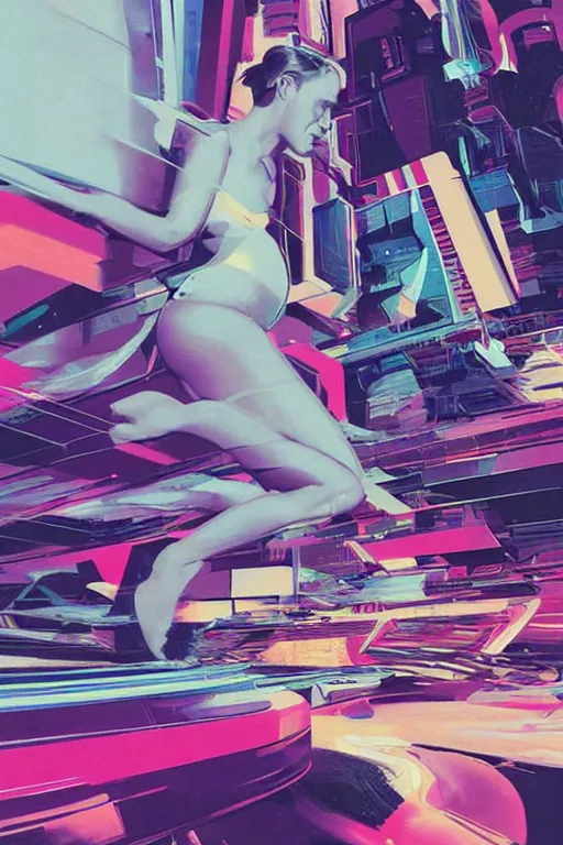 Prompt: wideangle action, girl falling through the flow zone, decoherence, synthwave, glitch!!, fracture, vortex, realistic, hyperdetailed, concept art, golden hour, art by syd mead, cubism