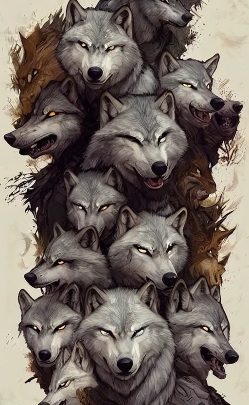 Prompt: wolfs gang photo group, theyre using wolf mask, other using grey bandana but no mask, other using wolf mask, d & d, fantasy, intricate, elegant, highly detailed, digital painting, artstation, concept art, matte, sharp focus, illustration, art by artgerm and greg rutkowski and alphonse mucha