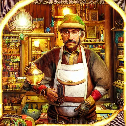 Image similar to A Anthropomorphized friendly parrot trader in his shop, selling his wares, portrait, items, gold, carpet, window, sly expression, cunning expression, presenting wares, holding a gold bag, D&D, fantasy, cinematic lighting, highly detailed, digital painting, artstation, concept art, smooth, sharp focus, illustration, warm light, cozy warm tint, magic the gathering artwork, volumetric lighting, 8k, art by Akihiko Yoshida, Greg Rutkowski