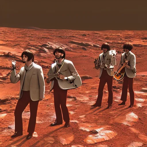 Image similar to the beatles playing a concert on mars. photograph 8 k cinematic colored