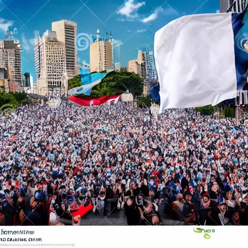 Image similar to Lady Gaga as president, Argentina presidential rally, Argentine flags behind, bokeh, giving a speech, detailed face, Argentina