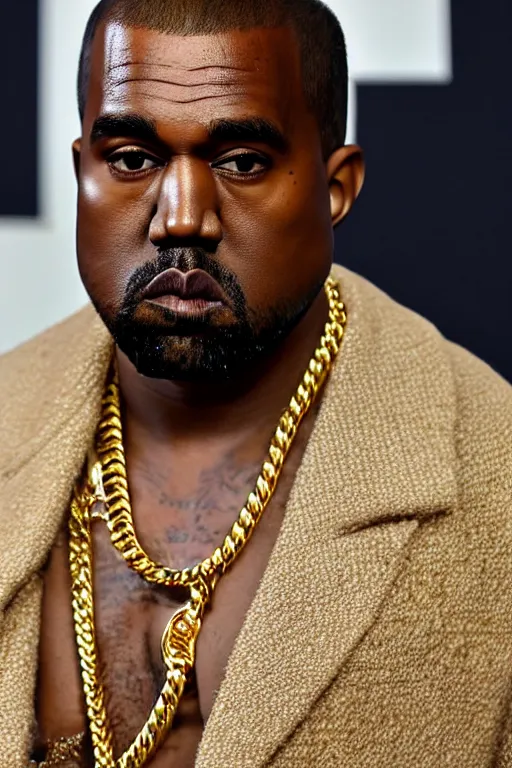 Image similar to kanye west wearing diamond miami cuban link chain with kanye head pendant made out of gold and diamonds